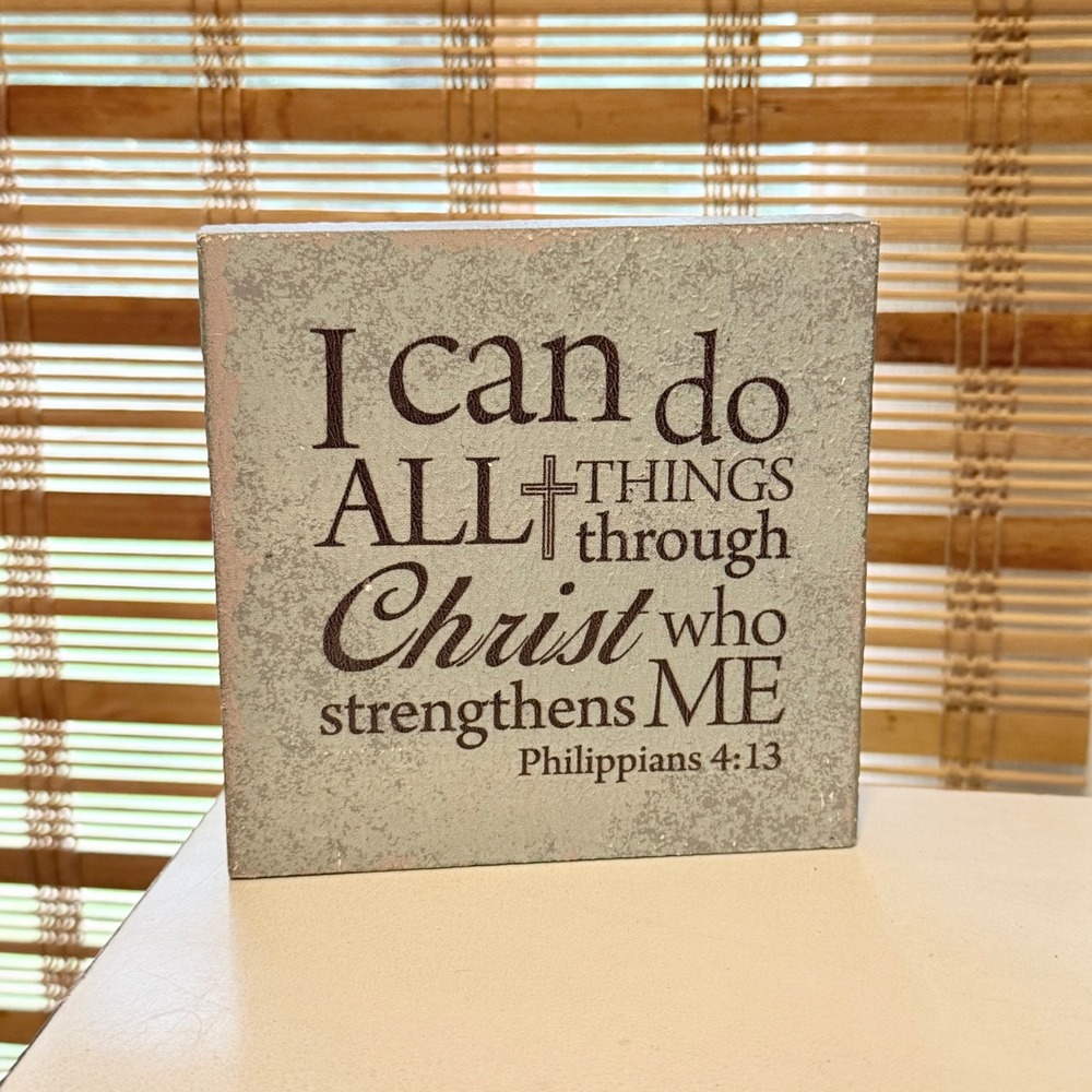Christian Brands Heartfelt Philippians 4:13 Tabletop Wood Block Sign Blue YS286